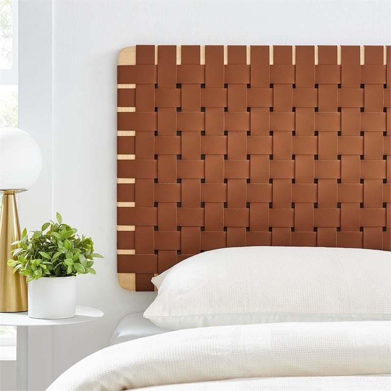 Pemberly Row Weave Wall-Mount Vegan Leather Twin Headboard in Natural Brown