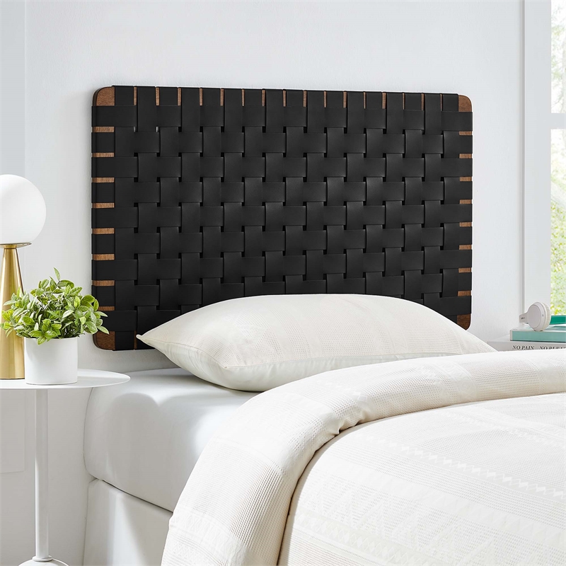 Pemberly Row Weave Wall-Mount Vegan Leather Twin Headboard in Walnut Black
