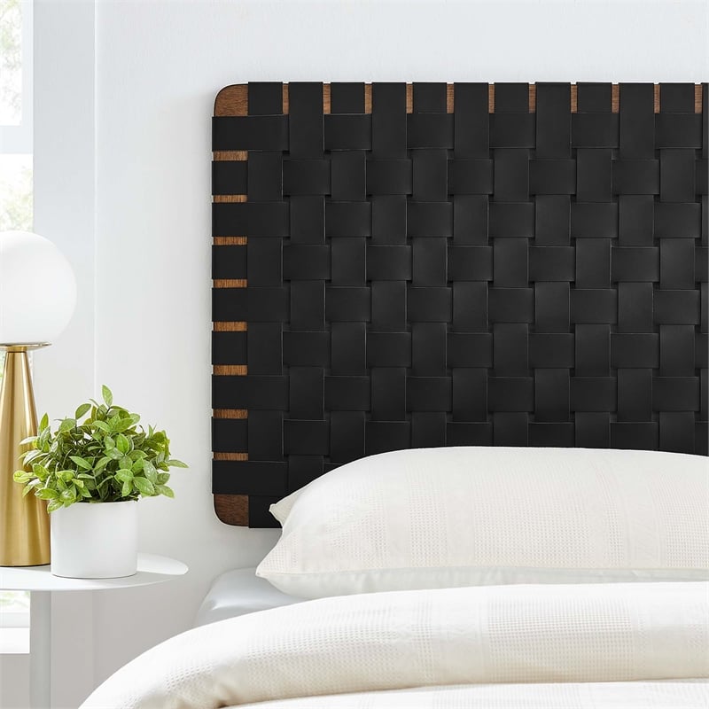 Pemberly Row Weave Wall-Mount Vegan Leather Twin Headboard in Walnut Black