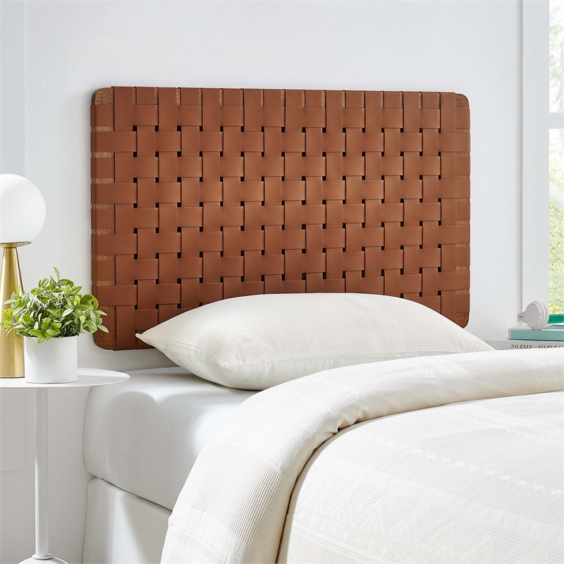 Pemberly Row Weave Wall-Mount Vegan Leather Twin Headboard in Walnut Brown