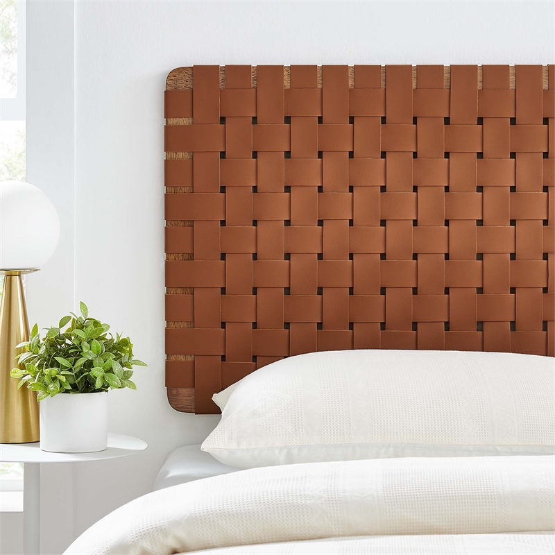 Pemberly Row Weave Wall-Mount Vegan Leather Twin Headboard in Walnut Brown