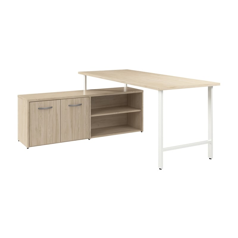 Pemberly Row Computer Desk with Storage Cabinet in Natural Elm-Engineered Wood