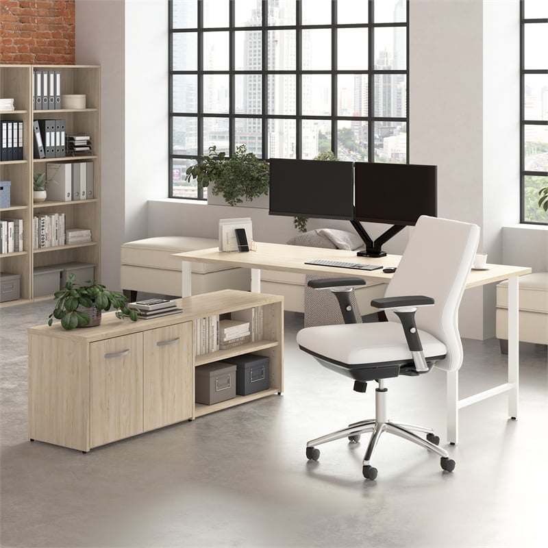 Pemberly Row Computer Desk with Storage Cabinet in Natural Elm-Engineered Wood