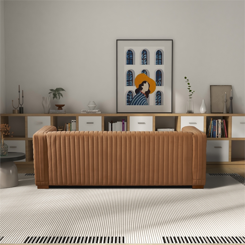 Pemberly Row Mid-Century Style Tuxedo Arm Velvet Living Room Sofa in Mocha