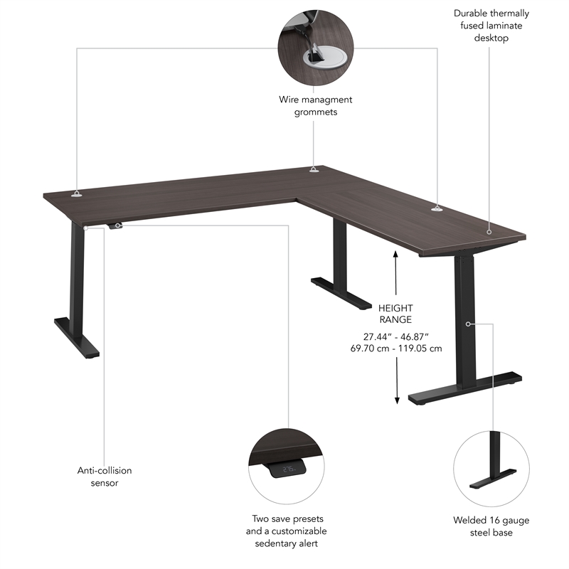 Pemberly Row 72W L Shaped Standing Desk in Storm Gray-Engineered Wood