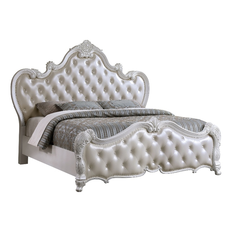 Pemberly Row Contemporary Tufted Faux Leather Eastern King Bed in White