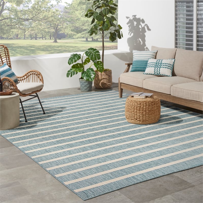 Pemberly Row Contemporary 8' x 10' Fabric Aqua Ivory Area Rug