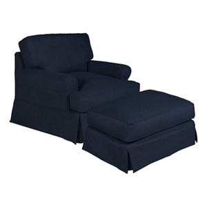 Pemberly Row T-Cushion Fabric Slipcover Chair & Ottoman in Navy Blue