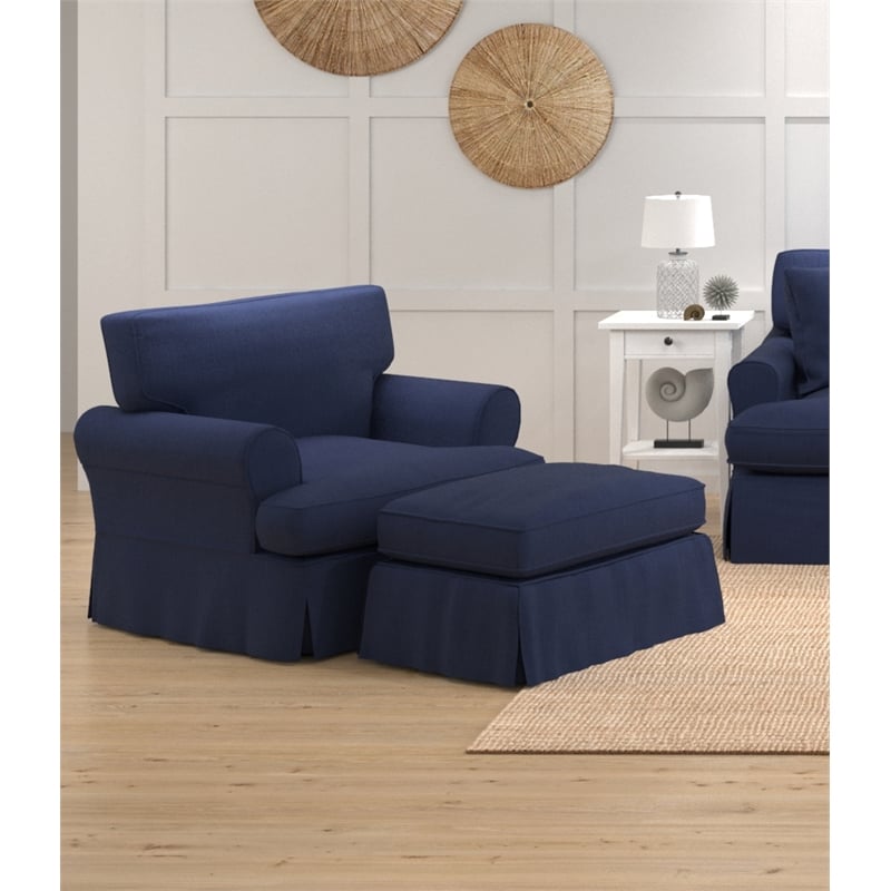 Pemberly Row T-Cushion Fabric Slipcover Chair & Ottoman in Navy Blue