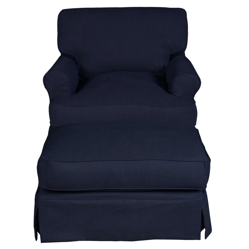 Pemberly Row T-Cushion Fabric Slipcover Chair & Ottoman in Navy Blue