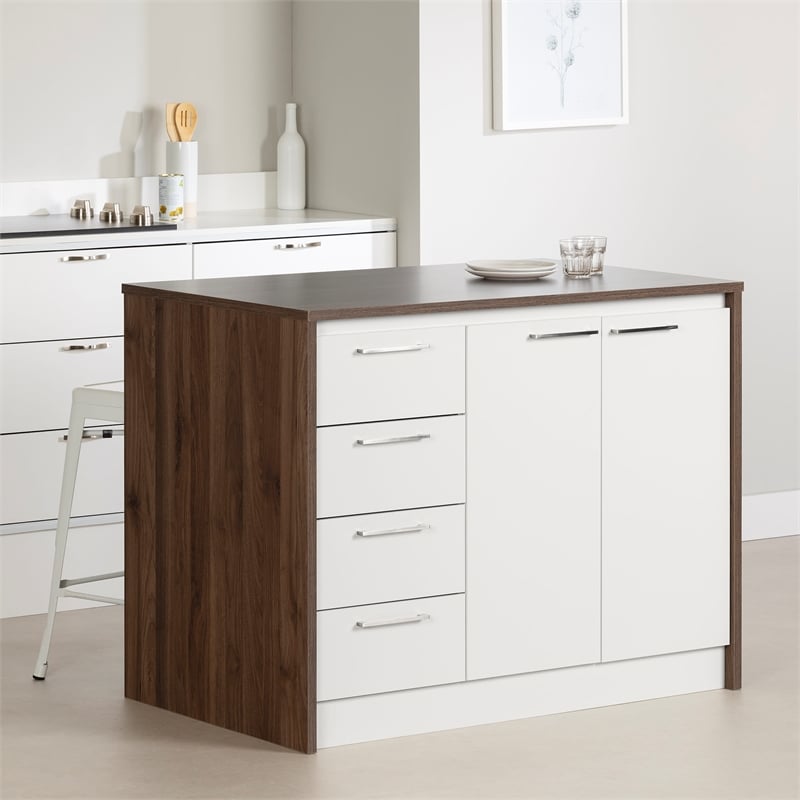 Pemberly Row Contemporary Kitchen Island Natural Walnut and White
