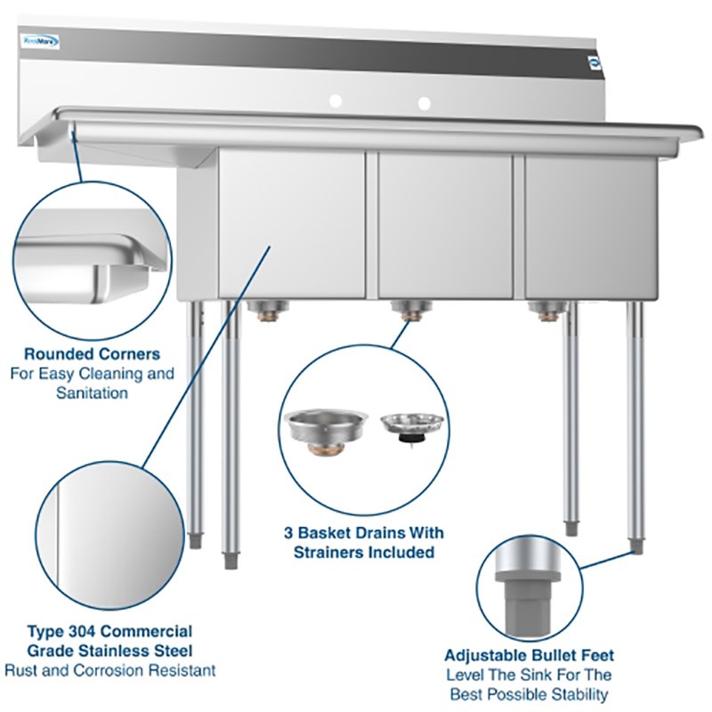 Pemberly Row 12x16x10 Left 3-Compartment Stainless Steel Kitchen Sink in Silver