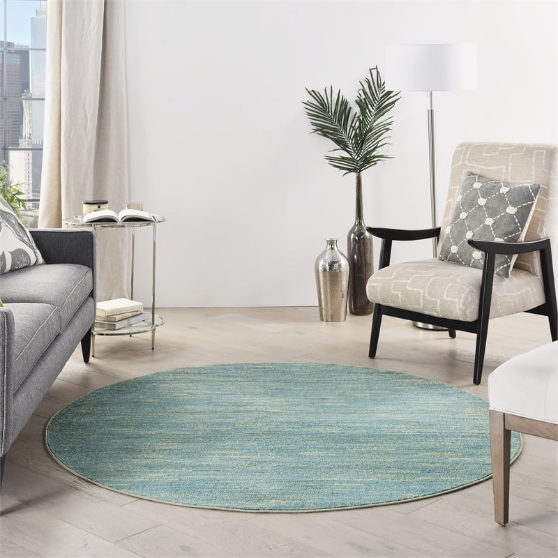 Pemberly Row 6' x Round Blue Green Fabric Outdoor Area Rug (6' Round)