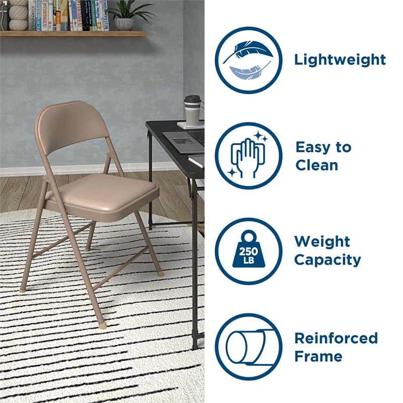 Pemberly Row Contemporary Vinyl Folding Chair in Antique Linen (4-Pack)