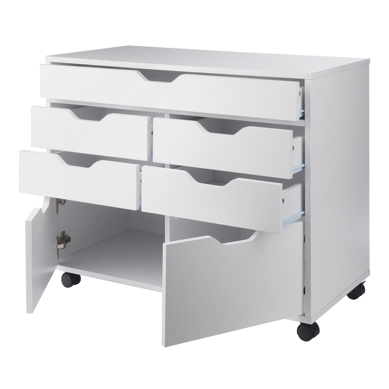 Pemberly Row 5-Drawer Engineered Wood Mobile Storage Cabinet in Crisp White