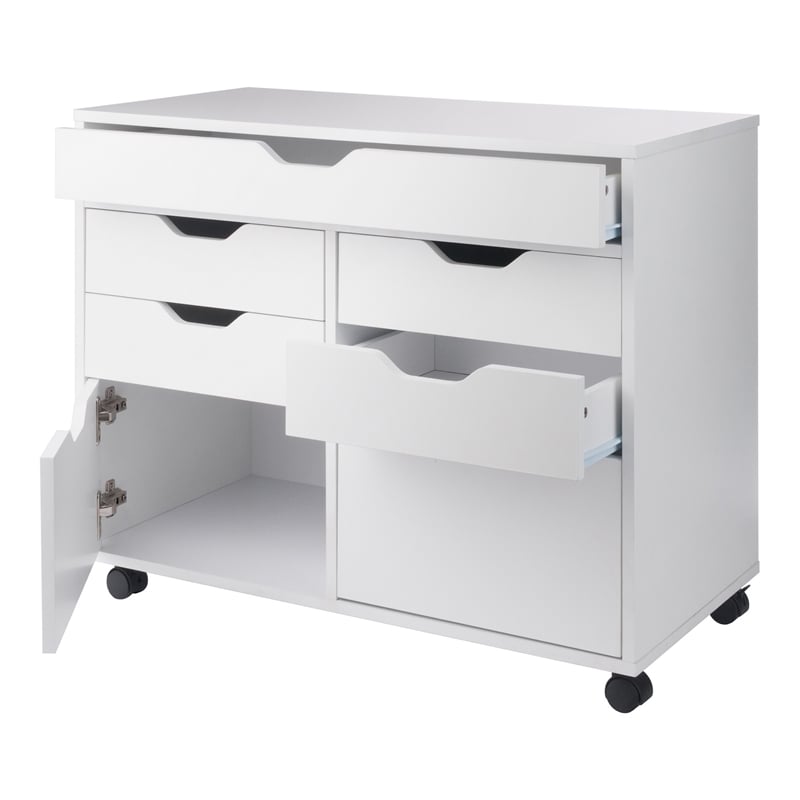 Pemberly Row 5-Drawer Engineered Wood Mobile Storage Cabinet in Crisp White