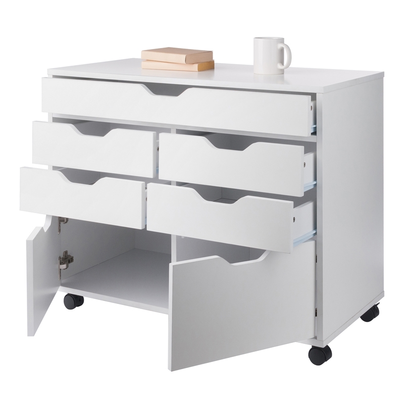 Pemberly Row 5-Drawer Engineered Wood Mobile Storage Cabinet in Crisp White