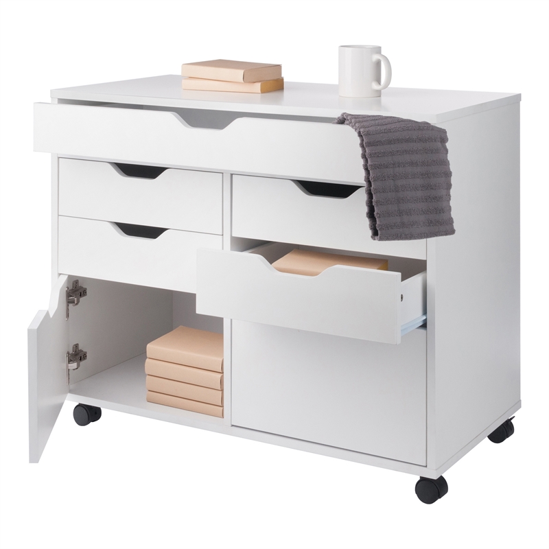 Pemberly Row 5-Drawer Engineered Wood Mobile Storage Cabinet in Crisp White