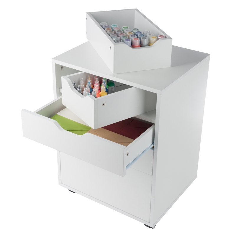 Pemberly Row Bins and Drawers Storage Mobile Cabinet White Finish