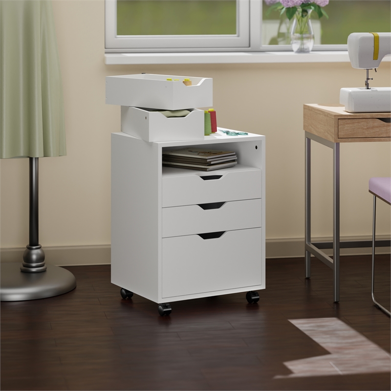 Pemberly Row Bins and Drawers Storage Mobile Cabinet White Finish