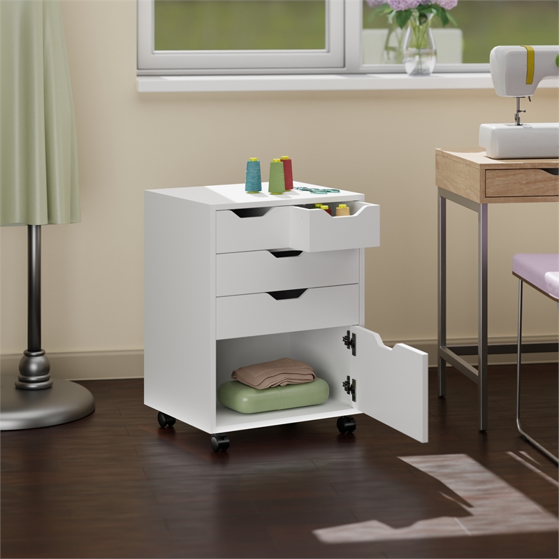 Pemberly Row Bins and Drawers Storage Mobile Cabinet White Finish