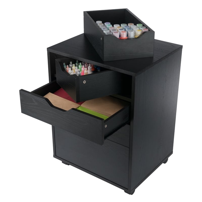 Pemberly Row Bins and Drawers Storage Mobile Cabinet Black Finish