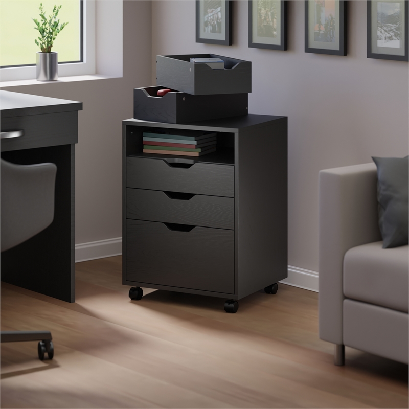 Pemberly Row Bins and Drawers Storage Mobile Cabinet Black Finish