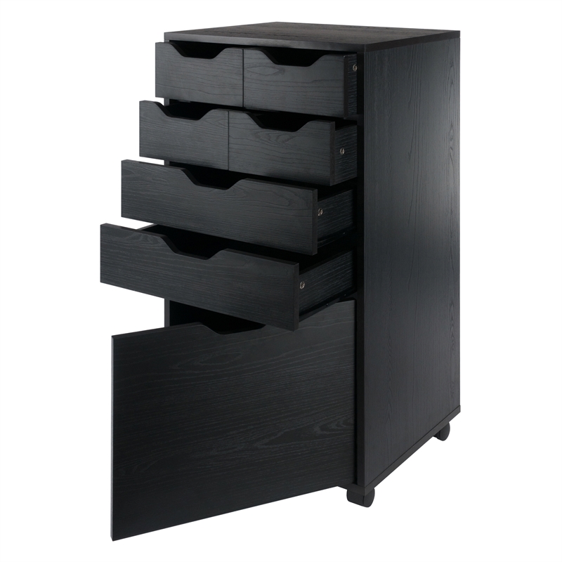 Pemberly Row Bins and Drawers Multi-Storage Tall Mobile Cabinet Black Finish