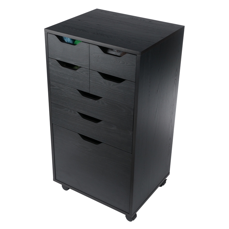 Pemberly Row Bins and Drawers Multi-Storage Tall Mobile Cabinet Black Finish