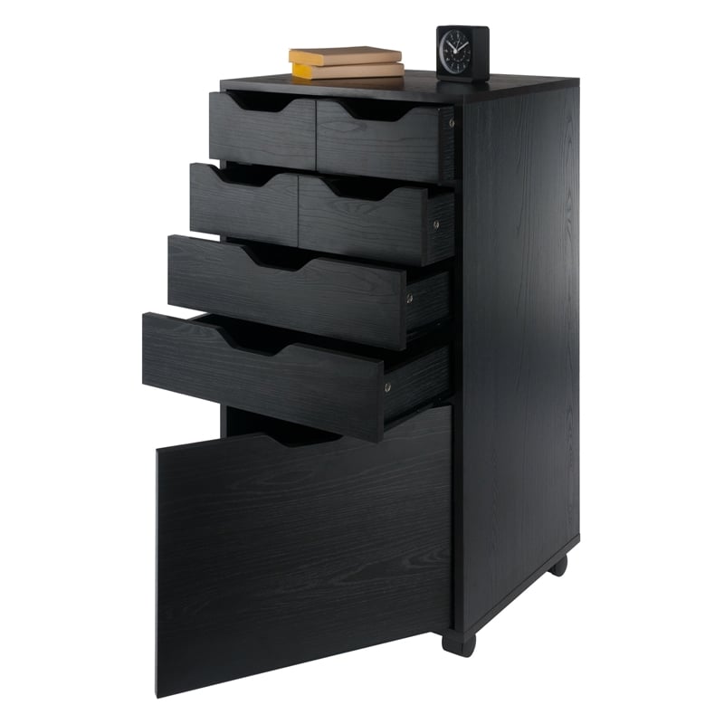 Pemberly Row Bins and Drawers Multi-Storage Tall Mobile Cabinet Black Finish