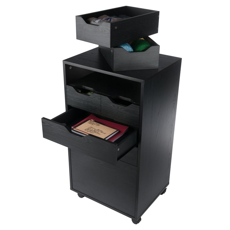 Pemberly Row Bins and Drawers Multi-Storage Tall Mobile Cabinet Black Finish