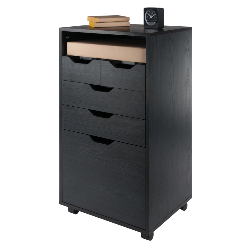 Pemberly Row Bins and Drawers Multi-Storage Tall Mobile Cabinet Black Finish
