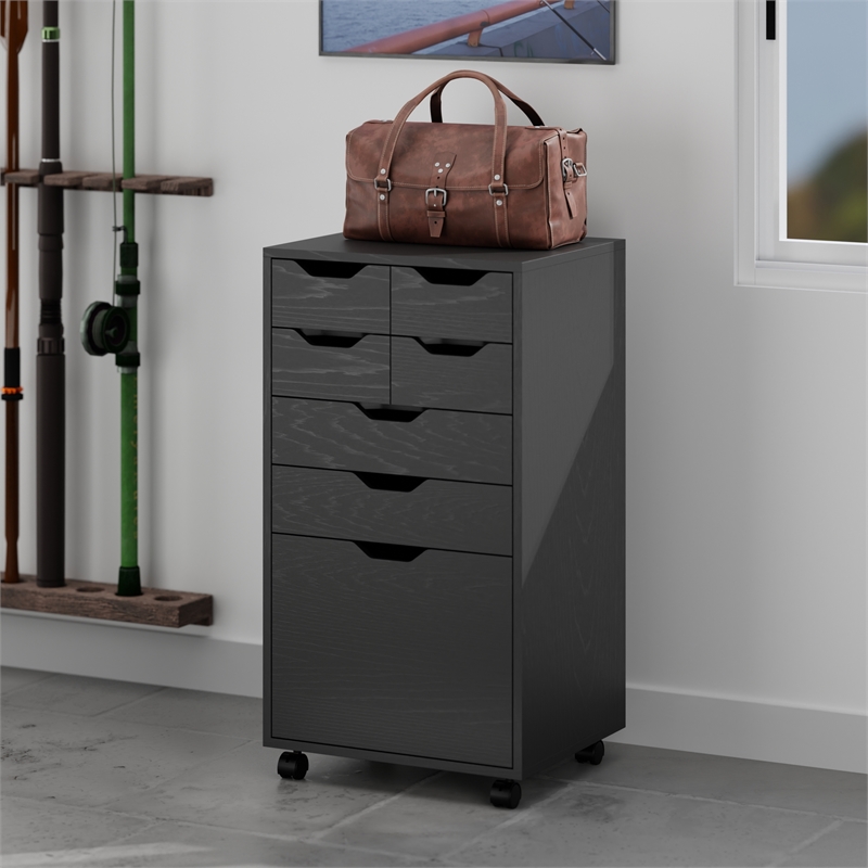 Pemberly Row Bins and Drawers Multi-Storage Tall Mobile Cabinet Black Finish