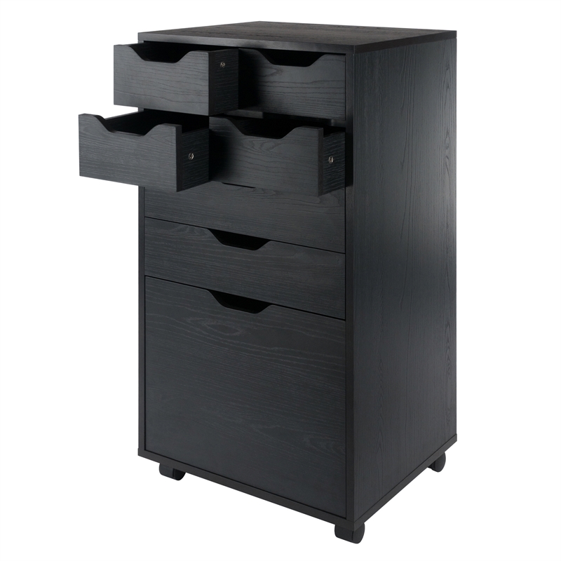 Pemberly Row Bins and Drawers Multi-Storage Tall Mobile Cabinet Black Finish