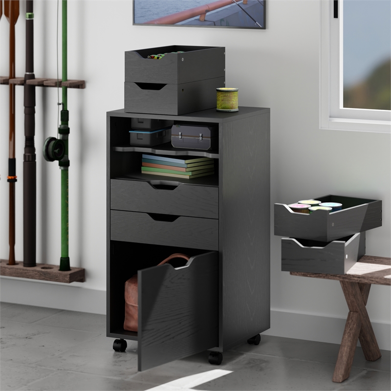 Pemberly Row Bins and Drawers Multi-Storage Tall Mobile Cabinet Black Finish