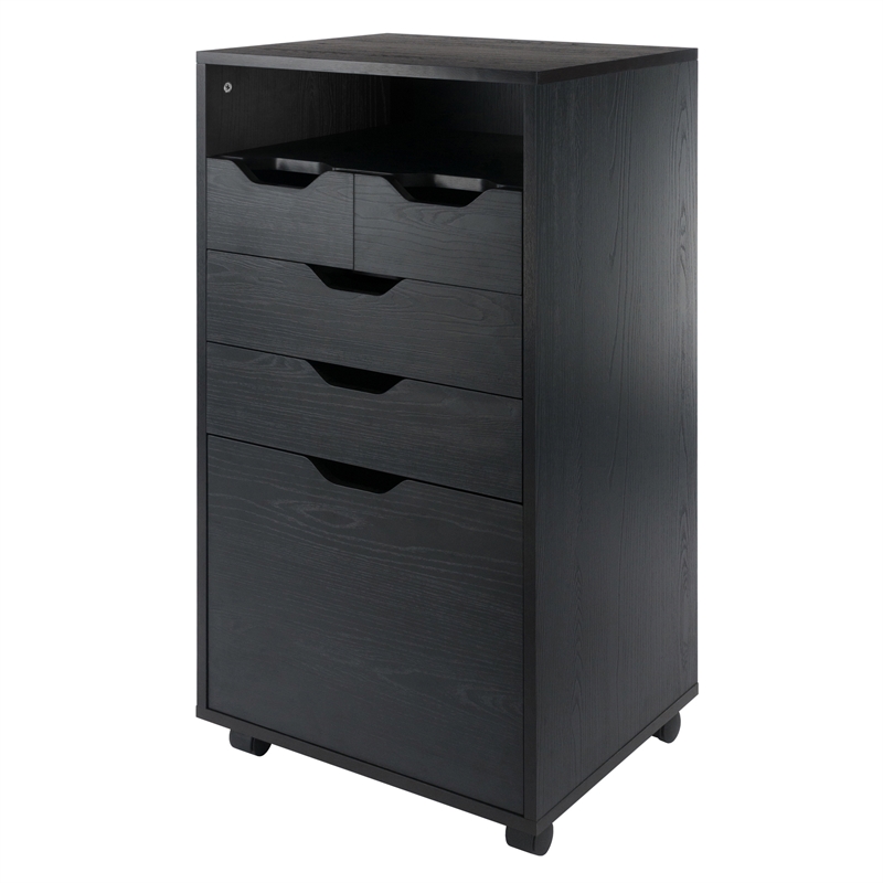 Pemberly Row Bins and Drawers Multi-Storage Tall Mobile Cabinet Black Finish