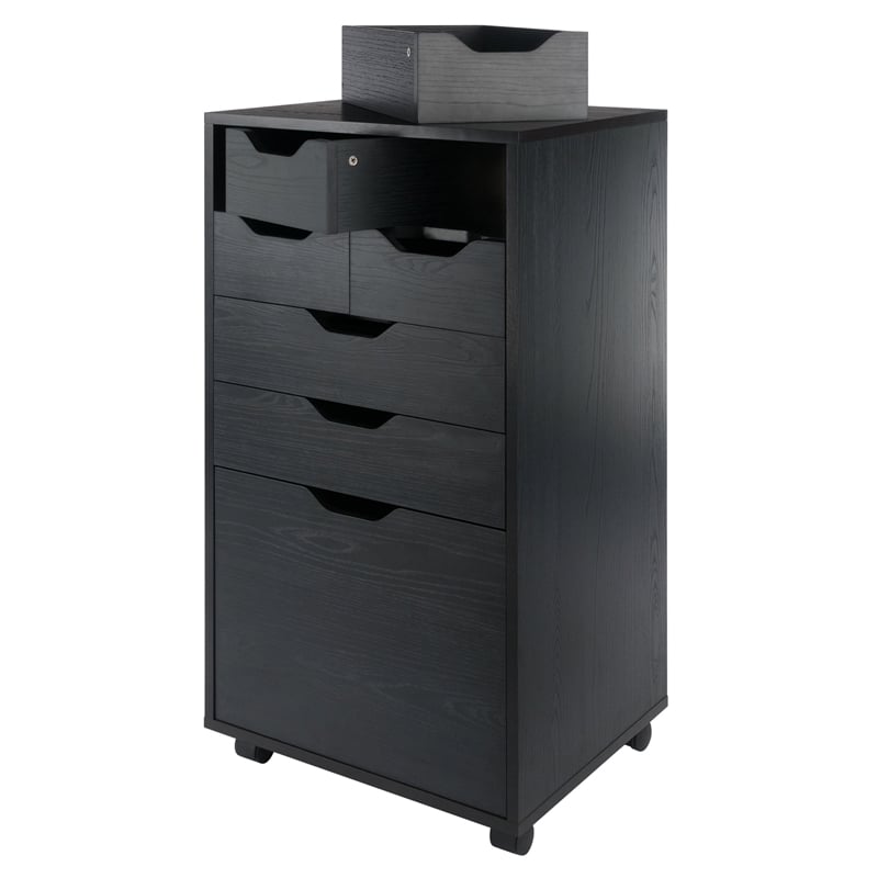 Pemberly Row Bins and Drawers Multi-Storage Tall Mobile Cabinet Black Finish