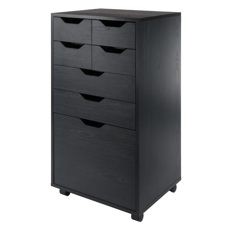 Pemberly Row Bins and Drawers Multi-Storage Tall Mobile Cabinet Black Finish