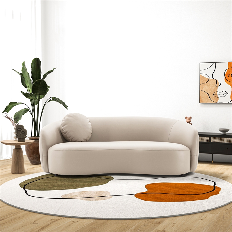 Pemberly Row Mid-Century Modern Living Room Soft Leather Curvy Sofa in Cream