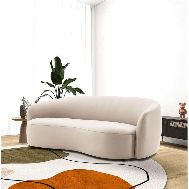 Pemberly Row Mid-Century Modern Living Room Soft Leather Curvy Sofa in Cream