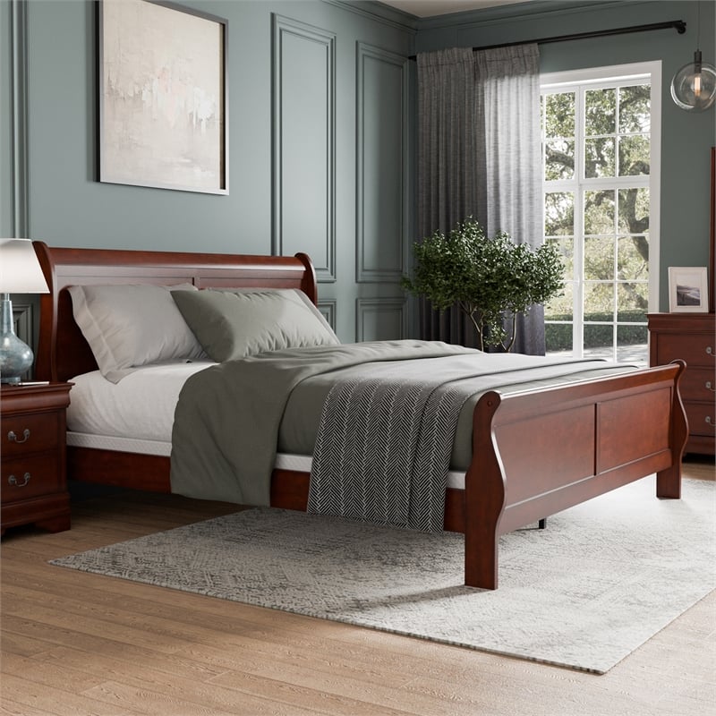 Pemberly Row Contemporary Wood Sleigh King Panel Bed in Cherry