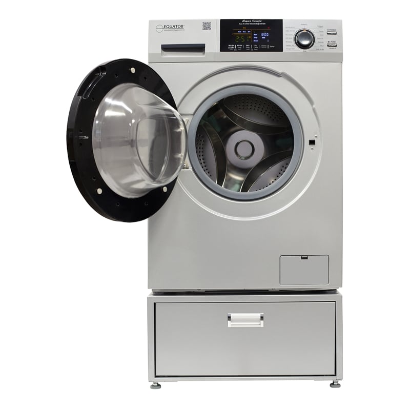 Pemberly Row All-in-One Washer Dryer in Silver Steel - 15lb 110V + Pedestal