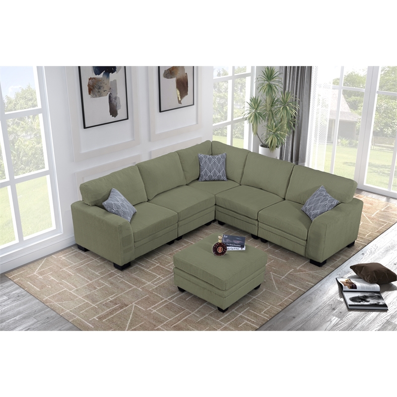 Pemberly Row 6 PCS Corduroy Flexible Combination Sectional Sofa in Olive