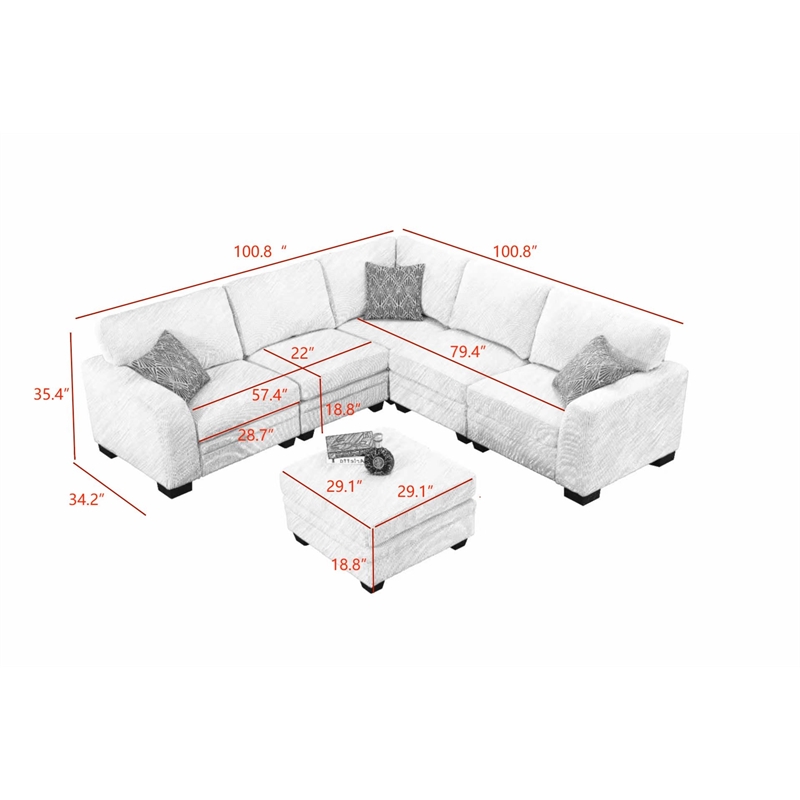 Pemberly Row 6 PCS Corduroy Flexible Combination Sectional Sofa in Cream