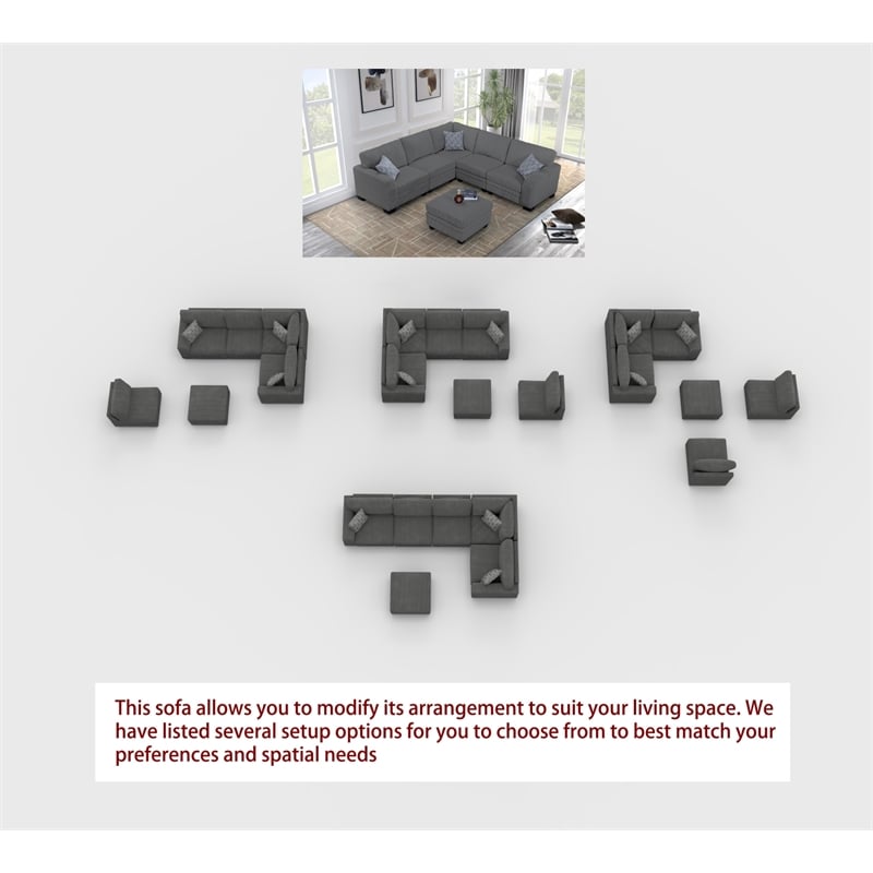 Pemberly Row 6 PCS Corduroy Flexible Combination Sectional Sofa in Dark Gray