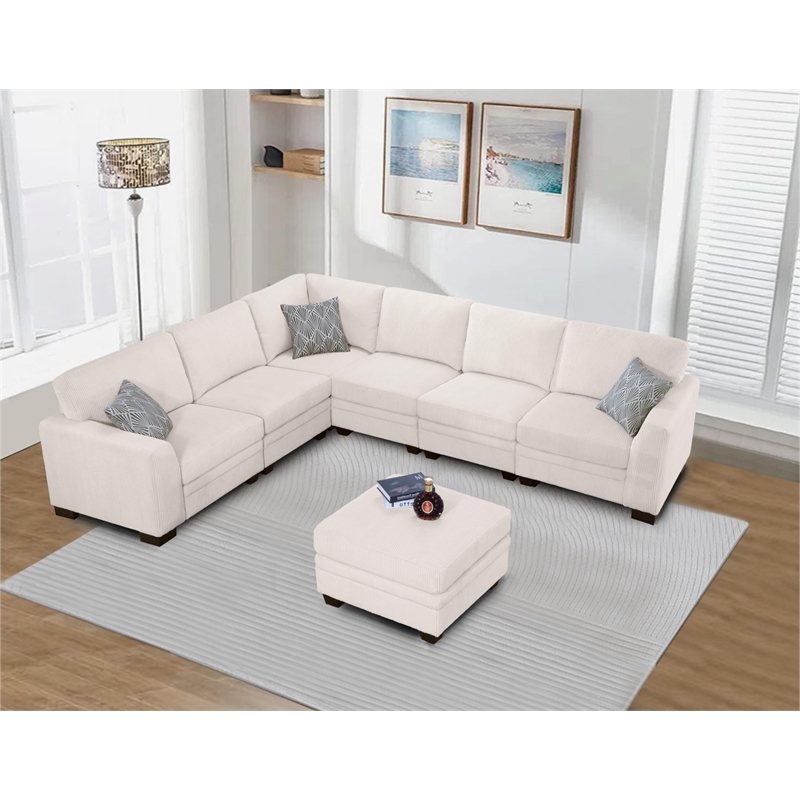Pemberly Row 7 PCS Corduroy Flexible Combination Sectional Sofa in Cream