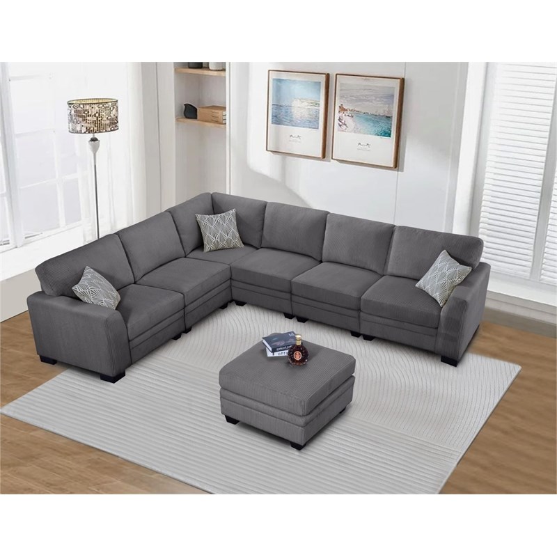 Pemberly Row 7 PCS Corduroy Flexible Combination Sectional Sofa in Dark Gray