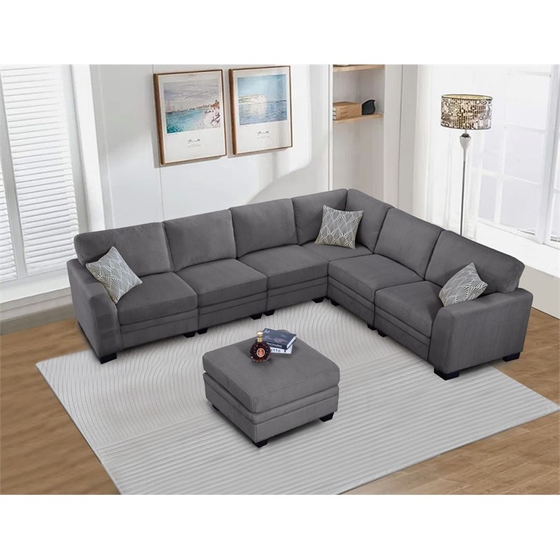 Pemberly Row 7 PCS Corduroy Flexible Combination Sectional Sofa in Dark Gray