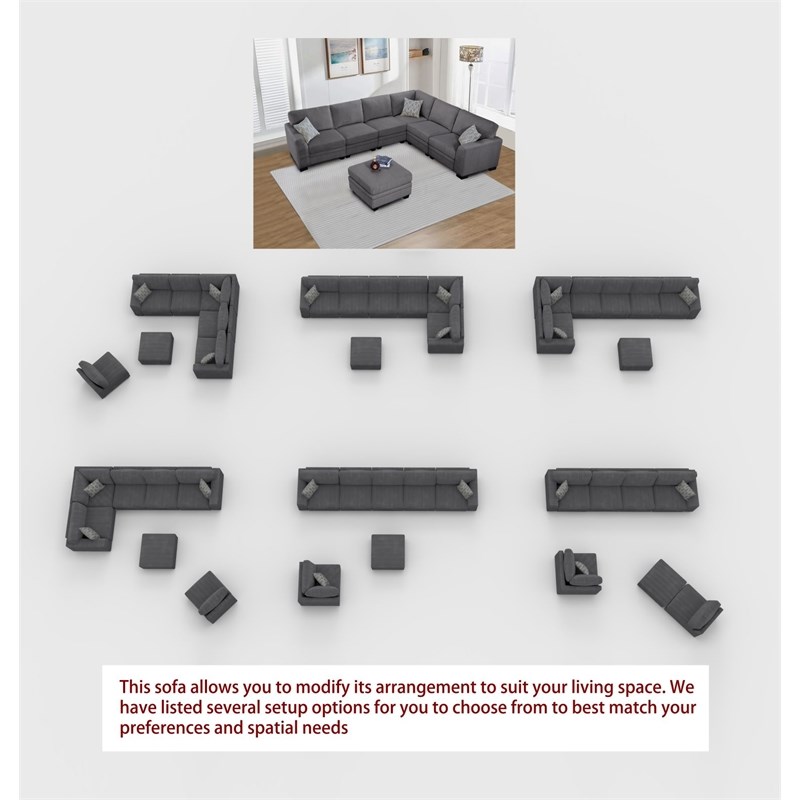 Pemberly Row 7 PCS Corduroy Flexible Combination Sectional Sofa in Dark Gray