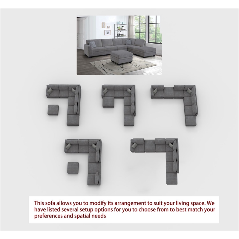 Pemberly Row 7 PCS Corduroy Flexible Combination Sectional Sofa in Dark Gray